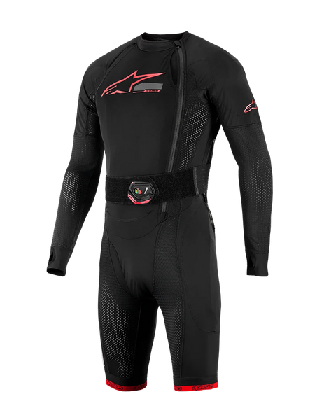 Tech-Air 10 V2 Race Airbag System, black base layer with red logos, LED activation belt, and breathable mesh panels.
