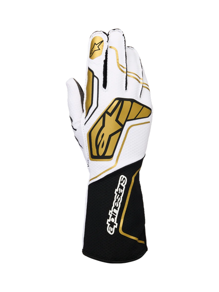 Alpinestars Tech-1 KX V4 Gloves, karting racing gloves, white and black with gold accents, featuring a gold star logo on the index finger and large gold geometric patterns on the back, breathable mesh construction with a black cuff and white branding, ergonomic design for motorsport performance.