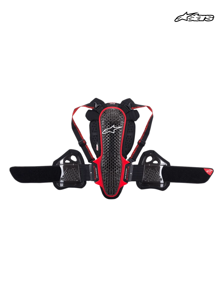 Alpinestars Nucleon KR-3 Back Protector, CE Level 2 certified motorcycle spine and rib protection, smoke black and red, lattice shell construction with adjustable shoulder straps and kidney belt