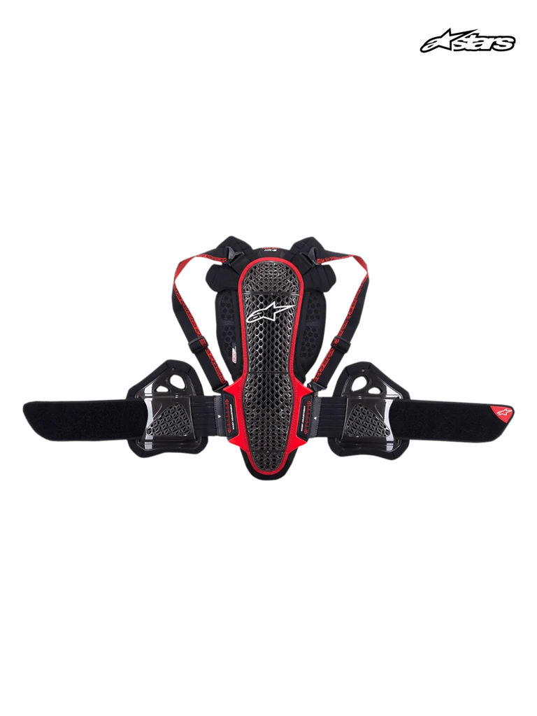 Alpinestars Nucleon KR-3 Back Protector, CE Level 2 certified motorcycle spine and rib protection, smoke black and red, lattice shell construction with adjustable shoulder straps and kidney belt