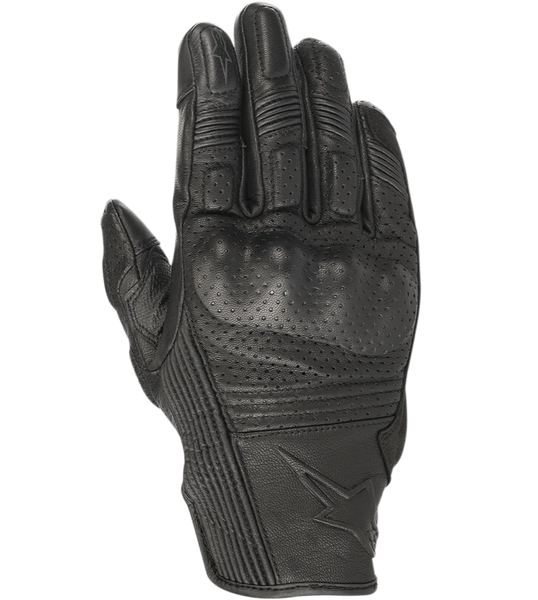 Alpinestars Mustang V2 Gloves, Black Leather Motorcycle Gloves, Perforated Design with Integrated Knuckle Protection, Accordion Stretch Panels on Fingers, Embossed Star Logo, Urban Short-Cuff Style