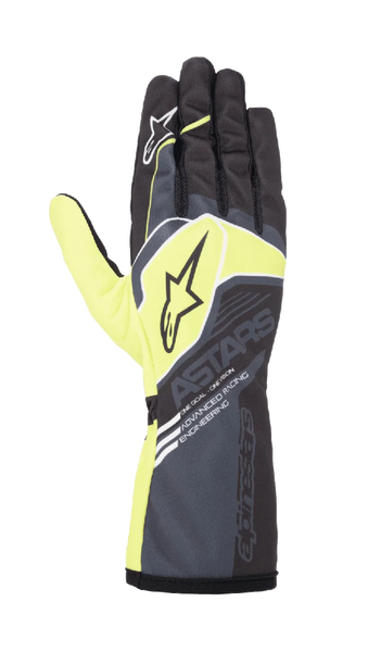 Alpinestars Youth Tech-1 K Race S V2 Corporate Gloves, Karting Racing Gloves, Anthracite and Lime Green, featuring star logos and 'ASTARS' branding, long gauntlet cuff with 'Advanced Racing Engineering' text, performance racing design for youth drivers