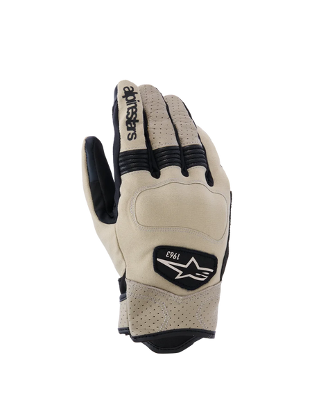 Alpinestars Tracker Gloves, Motorcycle Gloves, Beige and Black, featuring perforated leather, black accordion stretch inserts, and 1963 heritage logo patch, urban workwear style