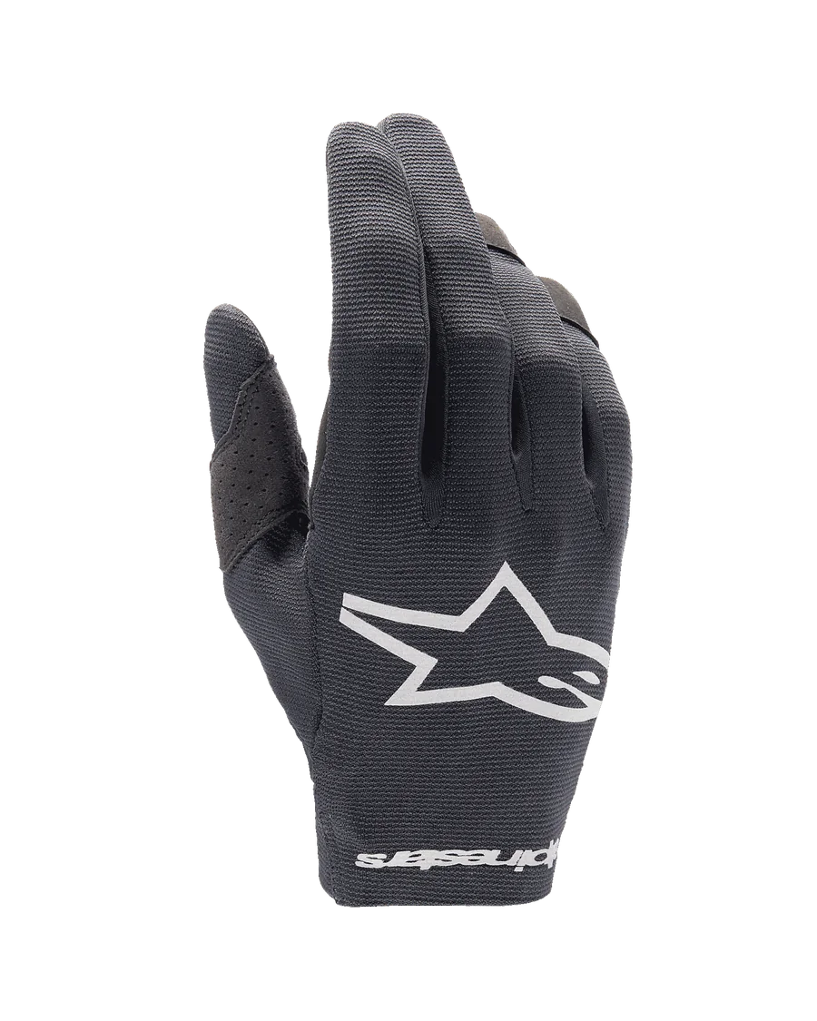 Alpinestars Youth 2024 Radar Gloves, Black Motocross Gloves, Youth MTB Gloves, White Star Logo, Perforated Design for Breathability, Flexible Textile Construction, Sporty Performance Gloves