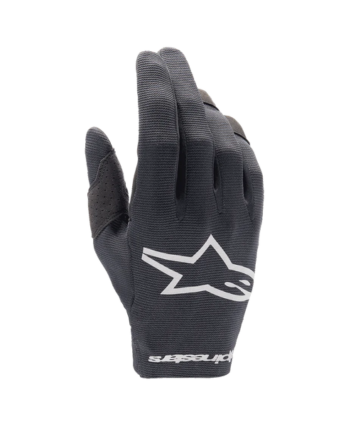 Alpinestars Youth 2024 Radar Gloves, Black Motocross Gloves, Youth MTB Gloves, White Star Logo, Perforated Design for Breathability, Flexible Textile Construction, Sporty Performance Gloves