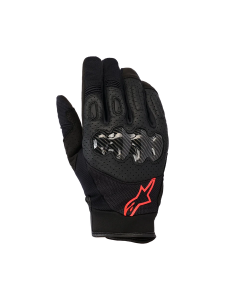 Alpinestars Megawatt V2 Gloves, Motocross Gloves, Black and Red Fluo, featuring carbon-textured hard knuckle protection, perforated leather for ventilation, and red star logo, durable off-road gear