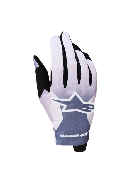 Alpinestars Radar Gloves 2027, lightweight motocross gloves in ash gray and light lilac with a white star logo.