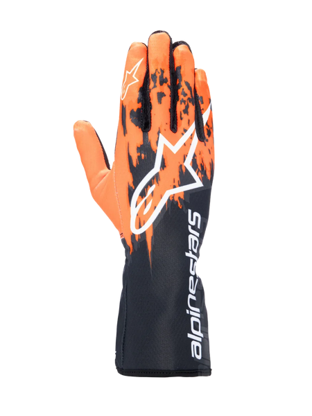 Alpinestars Tech-1 K V3 Gloves, Karting Gloves, Black Orange and White, featuring a sublimated graphic design with orange brush-stroke patterns on a black base, large white Astar logo on the back, vertical Alpinestars text on the gauntlet cuff, professional kart racing gear