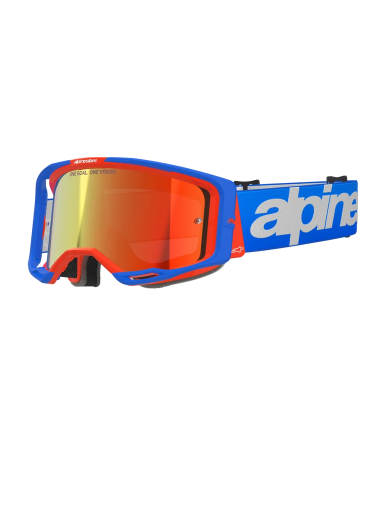 Alpinestars Vision 8 Wordmark Goggles, Motocross Goggles, Blue and Orange with Red Mirror Lens, wide field of view, blue adjustable strap with bold white wordmark, foam padding and ventilation for off-road riding