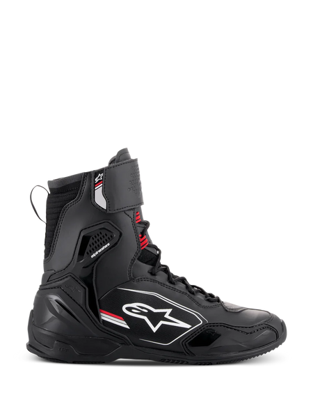 Alpinestars Superfaster Shoes, high-cut motorcycle riding shoes, Black Gray and Bright Red, side profile view featuring the white Alpinestars logo, reinforced ankle and heel protection, lace-up system with a top strap.