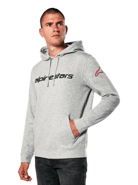 Alpinestars Linear Wordmark V3 Hoodie, gray heather pullover hoodie, black chest wordmark, red logo on the sleeve, jersey-lined hood with drawstrings, front pocket, casual motorsport-inspired streetwear