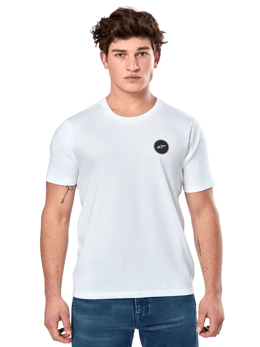 Alpinestars Dot Carbon CSF Tee, White Short Sleeve T-Shirt, Male model wearing white tee with small black circular logo on chest and blue jeans, Casual Motorsport Style