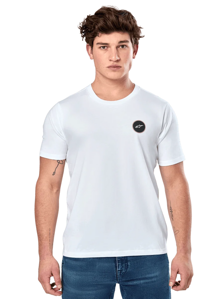 Alpinestars Dot Carbon CSF Tee, White Short Sleeve T-Shirt, Male model wearing white tee with small black circular logo on chest and blue jeans, Casual Motorsport Style