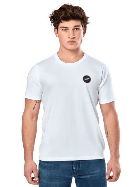 Alpinestars Dot Carbon CSF Tee, White Short Sleeve T-Shirt, Male model wearing white tee with small black circular logo on chest and blue jeans, Casual Motorsport Style