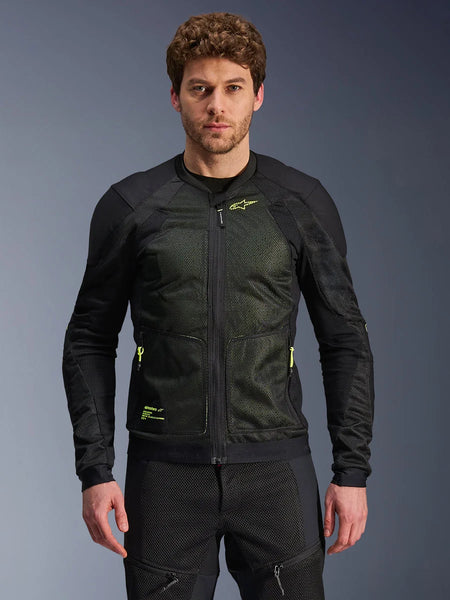 Alpinestars Troop-Air Jacket, Black and Yellow Fluo, worn by male model, featuring lightweight mesh construction, neon yellow zippers and branding, technical ventilated motorcycle jacket for urban riding