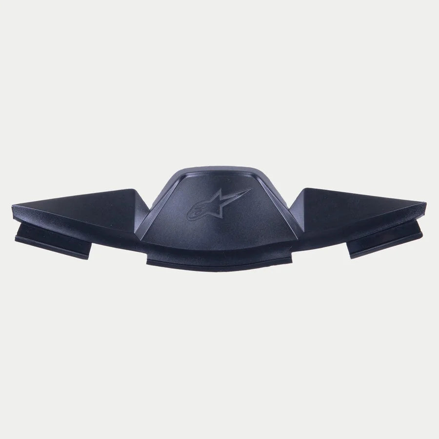 Alpinestars Supertech R10 Breath Deflector, Black Helmet Accessory, featuring an embossed star logo and angular geometric design for airflow management and visor fog reduction