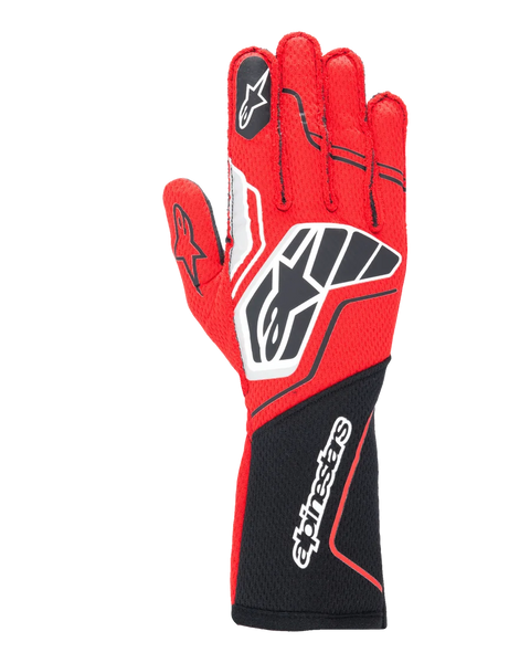 Alpinestars Tech-1 ZX V4 Gloves, Professional Auto Racing Gloves, Red and Black with White Accents, Honeycomb Fabric Construction, Large Branding, Ergonomic Design for Motorsport Performance