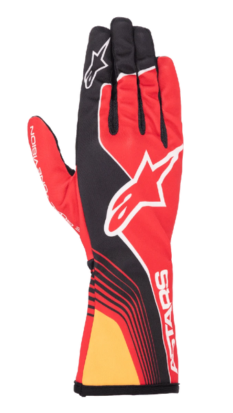 Alpinestars Tech-1 K Race V2 Future Gloves, red and black karting gloves featuring white logos and mesh construction.
