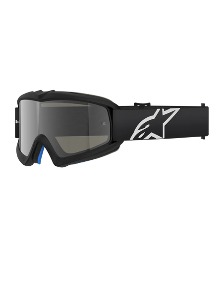 Alpinestars Vision Youth Corp Goggles, Black motocross goggles with a silver mirror lens, youth size, black adjustable strap with white star logo, blue interior foam padding, designed for off-road motorcycle racing