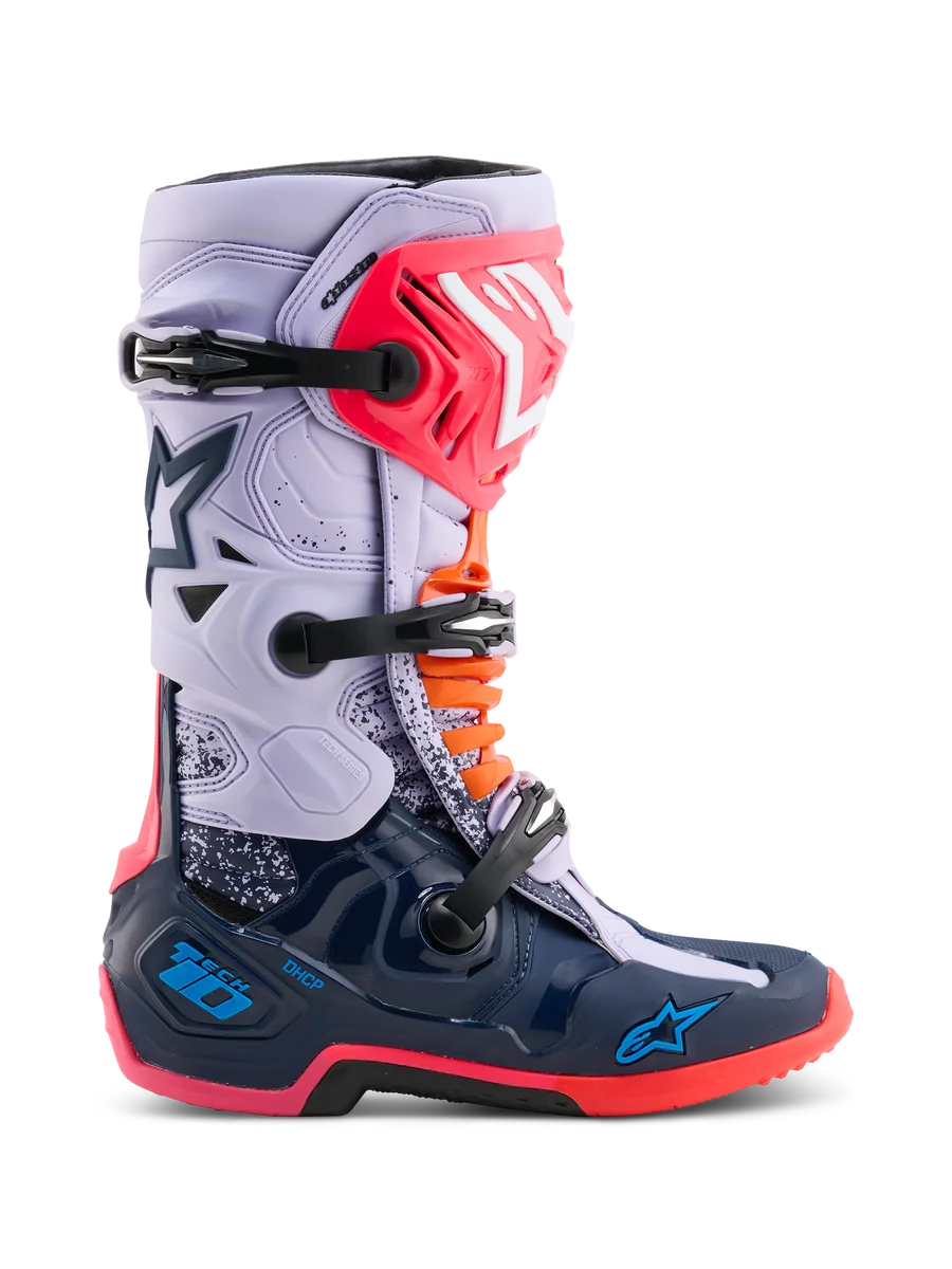 Alpinestars Limited Edition Tech 10 Records Boots, Motocross Boots, Multicolor with light purple upper and navy blue lower shell, pink and orange accents, triple buckle system, high-performance protective footwear for off-road riding