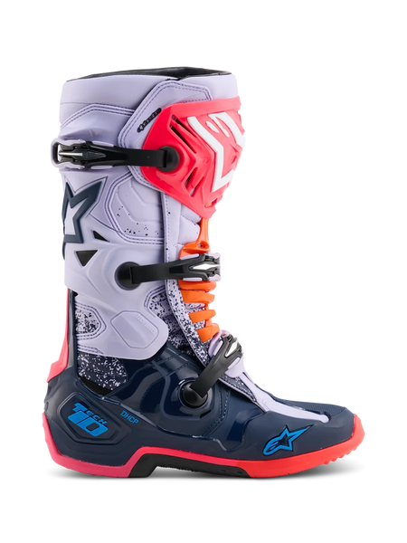 Alpinestars Limited Edition Tech 10 Records Boots, Motocross Boots, Multicolor with light purple upper and navy blue lower shell, pink and orange accents, triple buckle system, high-performance protective footwear for off-road riding