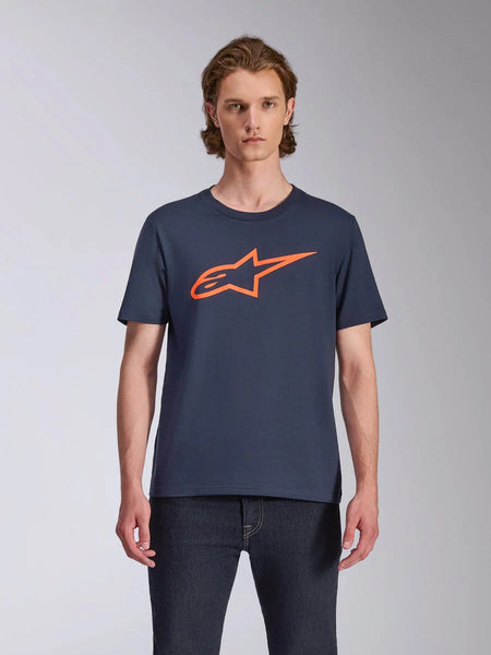 Alpinestars Ageless 2.0 CSF Tee, Short Sleeve T-Shirt, Navy Blue with Orange Logo, Front MX Helmet Art, Casual Motorsport-Inspired Streetwear