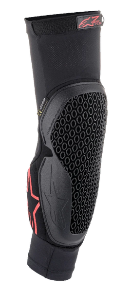 Alpinestars Bionic Flex Elbow Protector, Black and Red, slip-on mesh sleeve with flexible honeycomb Nucleon Flex Technology, red Alpinestars logo, ergonomic off-road motorcycle protection gear