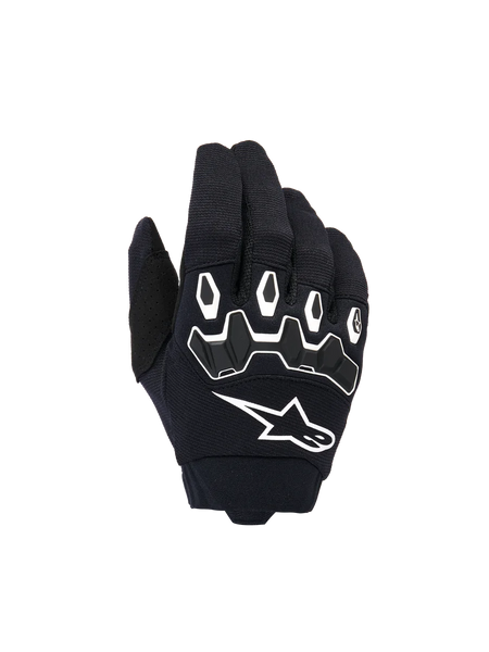 Alpinestars Youth & Kids Full Bore V2 Gloves, Motocross Gloves, Black and White, featuring ergonomic TPR knuckle protection with white outlines, large white Alpinestars logo, breathable textile construction for off-road racing