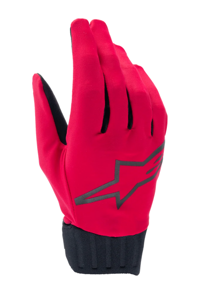 Alpinestars A-Dura Rain Gloves, Waterproof MTB Cycling Gloves, Red Fluo and Black, featuring a black star logo on the backhand, ribbed black neoprene cuff, sleek low-profile design for all-weather riding