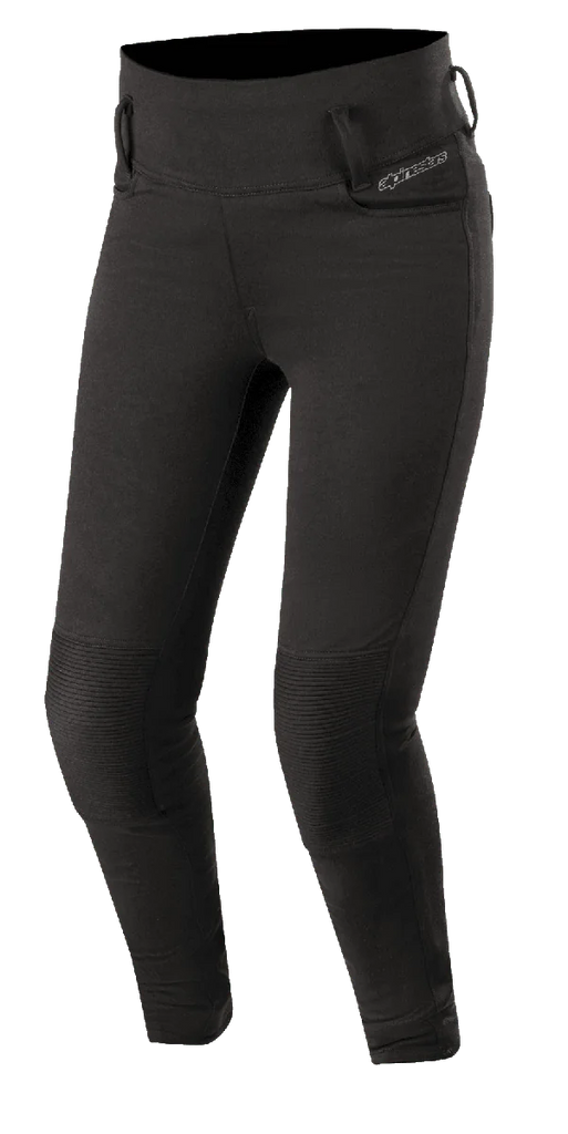 Alpinestars Banshee Women's Leggings, Black, fitted motorcycle riding leggings with reinforced ribbed knee panels, belt loops, and high-waisted design, sleek sporty look for urban road riding