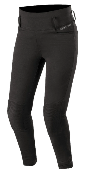 Alpinestars Banshee Women's Leggings, Black, fitted motorcycle riding leggings with reinforced ribbed knee panels, belt loops, and high-waisted design, sleek sporty look for urban road riding