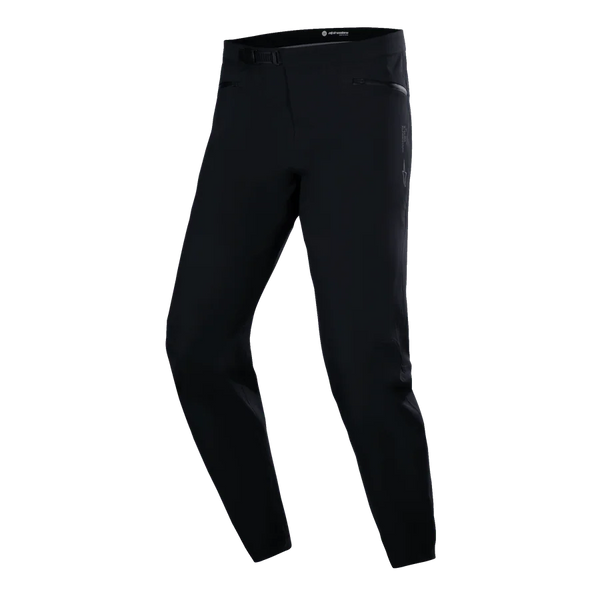 Alpinestars A-Dura Waterproof Pants, MTB Cycling Pants, Black, technical slim-fit design with side zippered pockets and ratchet waist buckle, smooth waterproof fabric, minimalist performance gear for mountain biking