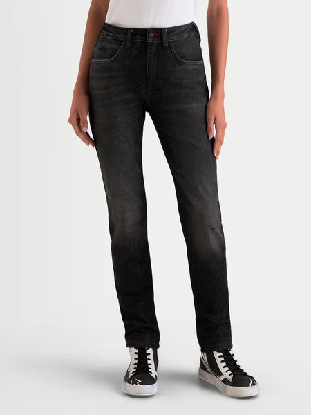 Alpinestars Stella Flex-AST 5 Denim Pants, women's urban motorcycle denim pants in black washed, featuring single-layer stretch construction and CE A rating worn by a model.
