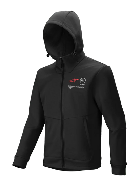 Alpinestars Racer MX Fleece, Black Full-Zip Hoodie, Motocross and Off-Road Riding Outerwear, featuring red and white chest graphics with 'ONE GOAL. ONE VISION.' text, adjustable hood with toggles, zippered hand pockets, ergonomic fit for trackside or riding use