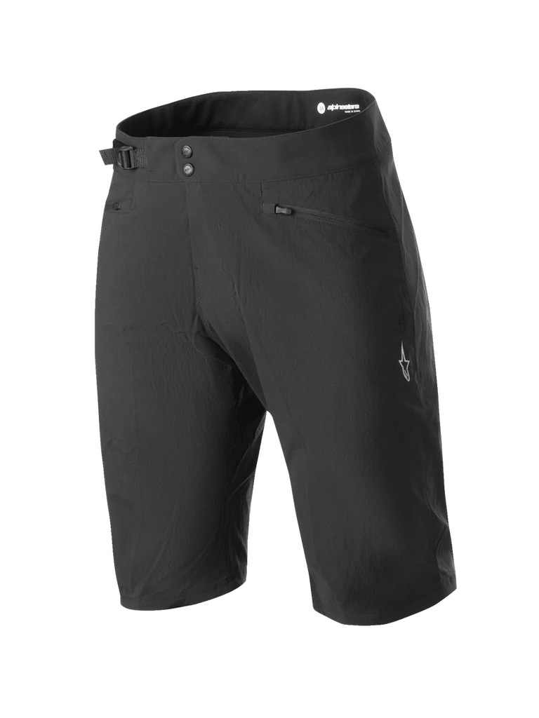 Alpinestars Stella A-Dura Shorts, Women's MTB Mountain Biking Shorts, Black, featuring a double snap closure and side waist cinch adjuster, zippered pockets, knee-length technical design in durable 2-way stretch fabric
