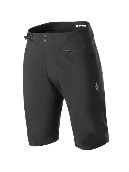 Alpinestars Stella A-Dura Shorts, Women's MTB Mountain Biking Shorts, Black, featuring a double snap closure and side waist cinch adjuster, zippered pockets, knee-length technical design in durable 2-way stretch fabric