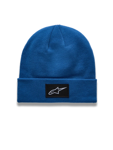 Alpinestars Augment Cuff Beanie, Blue knit jersey sportswear hat featuring a woven black Astars logo patch.