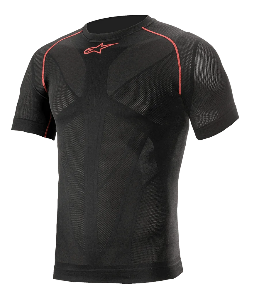 Alpinestars Ride Tech V2 Top Short Sleeve Summer, Black with Red accents, short sleeve motorcycle base layer, compression fit with body-mapped mesh ventilation panels, technical performance wear for summer road and track riding