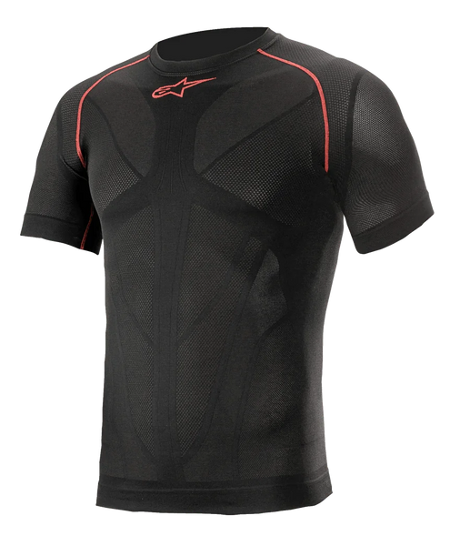 Alpinestars Ride Tech V2 Top Short Sleeve Summer, Black with Red accents, short sleeve motorcycle base layer, compression fit with body-mapped mesh ventilation panels, technical performance wear for summer road and track riding