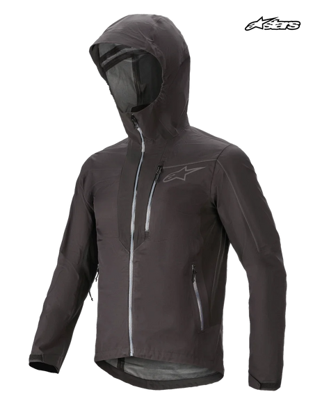 Alpinestars Tahoe 8.0 Waterproof Jacket, mountain biking waterproof jacket in black gun metal, front view showing storm hood, fully-welded YKK zippers, and lightweight breathable construction