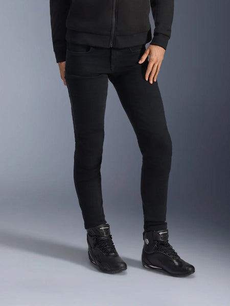 Alpinestars Daisy V3 Women's Riding Denim, Rinse Black, slim-fit motorcycle jeans, paired with black high-top riding boots and zip-up hoodie, sleek monochrome urban styling