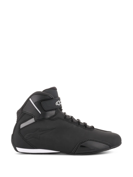 Alpinestars Sektor Shoes, Black Motorcycle Riding Shoes, side profile view, sleek microfiber construction with reinforced toe and ankle strap, white Alpinestars logo, athletic sport-styled protective footwear.
