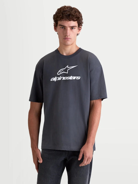 Alpinestars Prelude Oversized CSF Tee, Men's Short Sleeve Sportswear T-Shirt in Charcoal Gray with White Astars Graphic, Relaxed Oversized Fit, Casual Off-Bike Apparel.