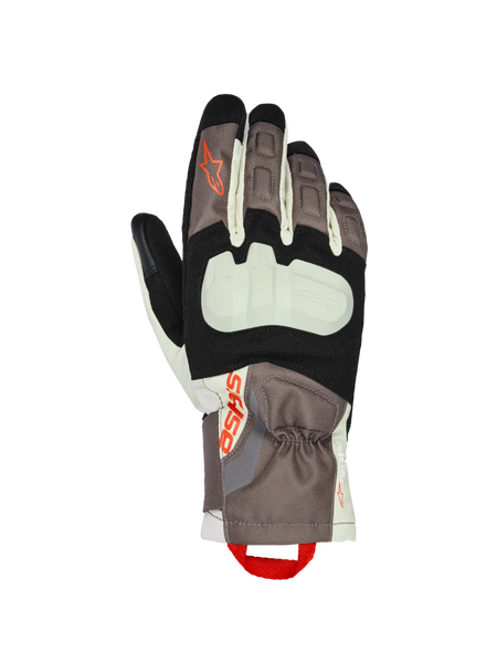 Alpinestars XT-3 Drystar® Insulated Gloves, Motorcycle Touring Gloves, Dark Brown, Sand and Black with Orange Accents, featuring an exposed knuckle protector, mid-length cuff, durable textile construction, and Alpinestars branding with a red finger pull loop.