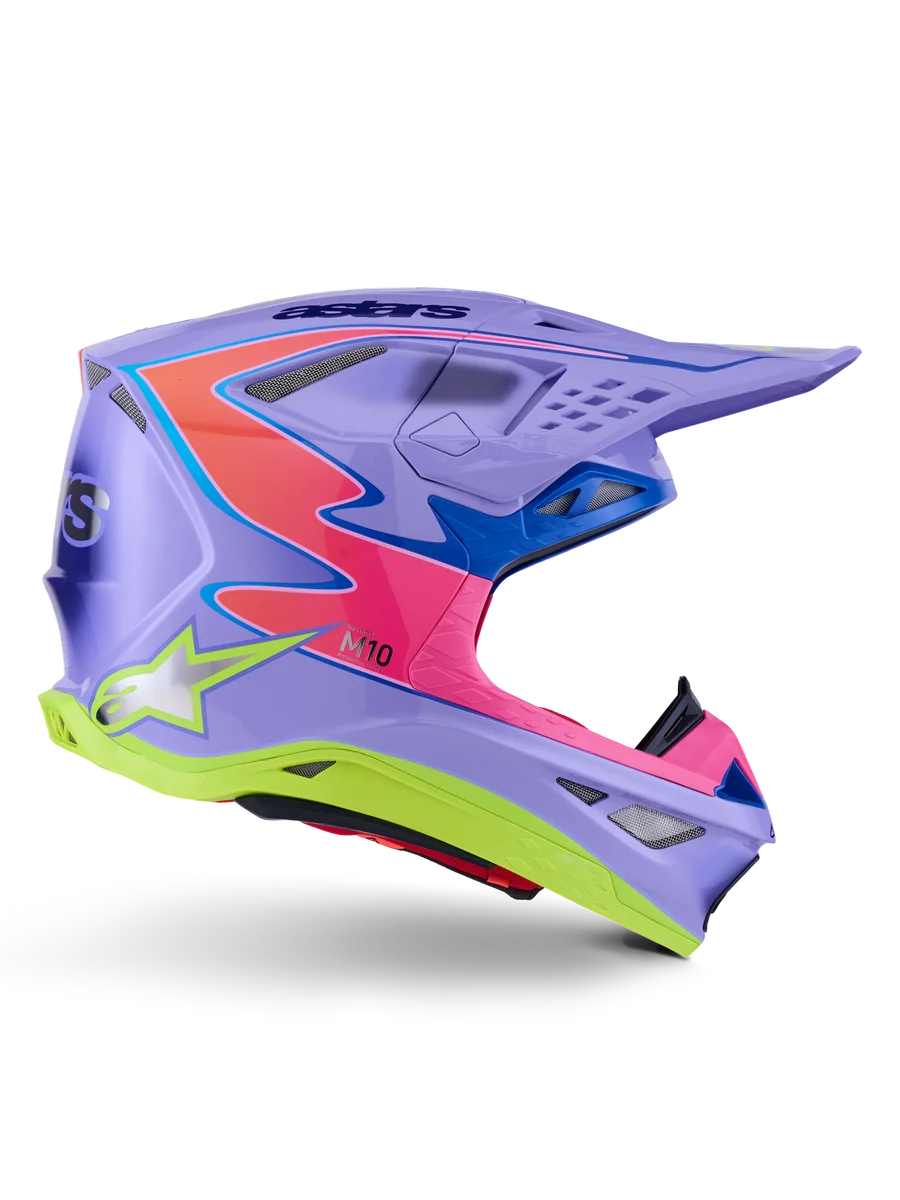 Alpinestars Supertech M10 Jett Lawrence R01 Helmet, Motocross Helmet, Purple with Pink and Fluorescent Yellow accents, side profile showing the aerodynamic carbon shell, multiple ventilation ports, and bold Alpinestars branding for off-road performance