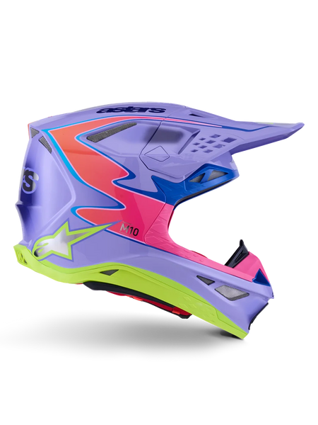 Alpinestars Supertech M10 Jett Lawrence R01 Helmet, Motocross Helmet, Purple with Pink and Fluorescent Yellow accents, side profile showing the aerodynamic carbon shell, multiple ventilation ports, and bold Alpinestars branding for off-road performance