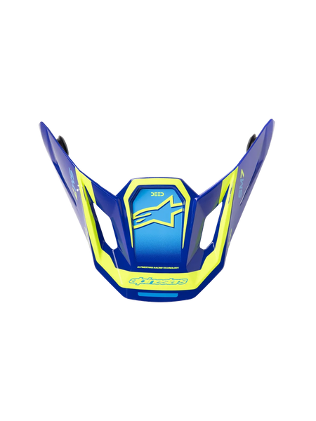 Alpinestars S-M7 Deed ECE06 Visor, Motocross helmet replacement peak, Blue and Yellow Fluo with glossy finish, angular aerodynamic design with side vents, featuring prominent yellow Alpinestars logos and graphics