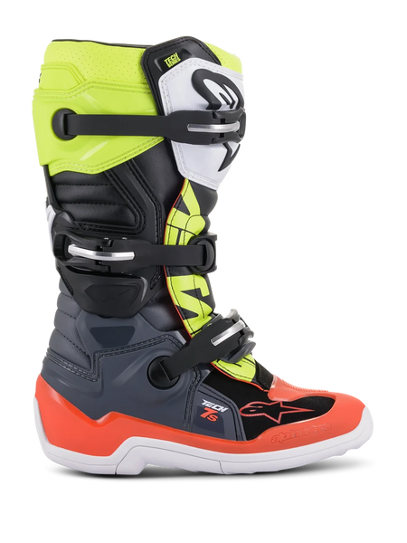Alpinestars Youth Tech 7S Boots, Motocross Off-Road Boots, Dark Gray, Fluorescent Red and Fluorescent Yellow, featuring white sole and multiple buckle closures, rugged construction for junior riders