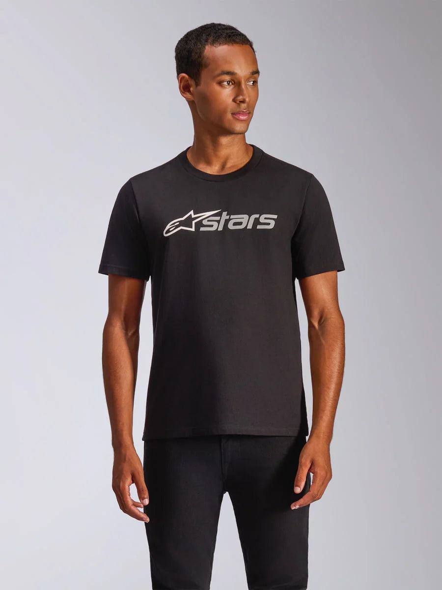Alpinestars Blaze 2.0 CSF Tee, Black short sleeve t-shirt worn by model, Grey and white Alpinestars logo on chest, casual motorsport-inspired streetwear