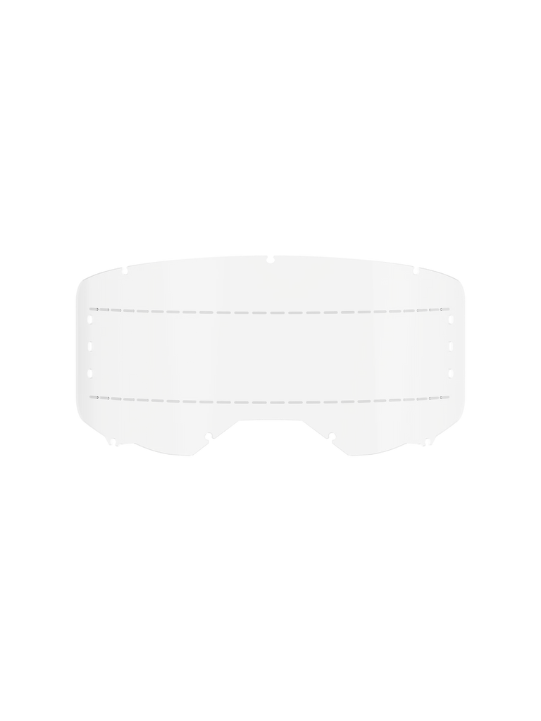 Alpinestars Vision 8-5-3 Roll Off Film, Clear, transparent polycarbonate replacement lens for motocross goggles, featuring dashed silicone glide lines and seven key-hole locking system, durable off-road racing accessory